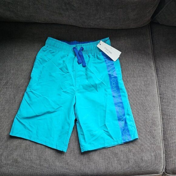 Calvin Klein Big Boys Caspian Blue Logo Stripe Swimwear Board Shorts Size 8 - Picture 4 of 10